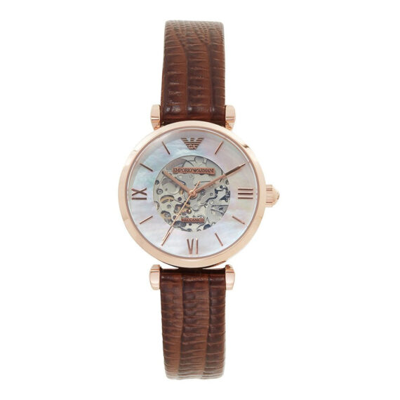 Meccanico Skeleton Mother of Pearl Dial Brown Leather Strap Watch AR1993