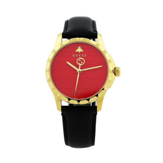 G-Timeless Coral Red Dial Black Leather Strap YA126464 38mm
