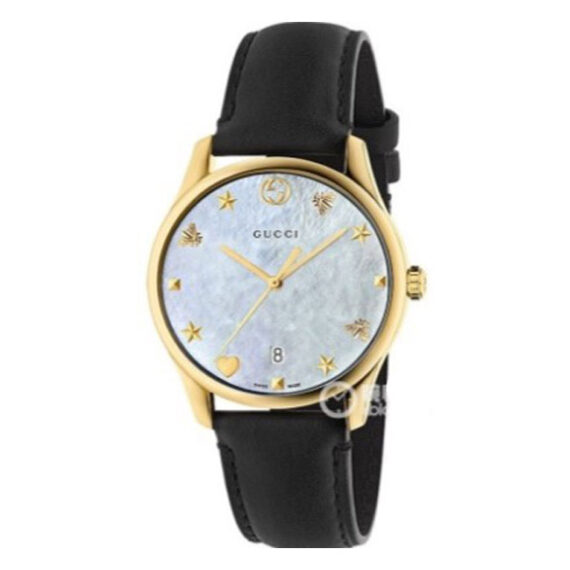 G-Timeless Mother of Pearl Dial Black Leather Watch YA126589 29mm