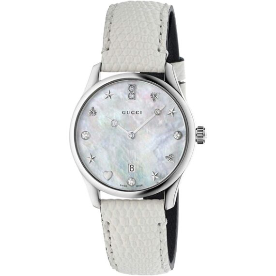 G-Timeless Mother of Pearl Diamond Dial White Leather Watch YA126597 29mm
