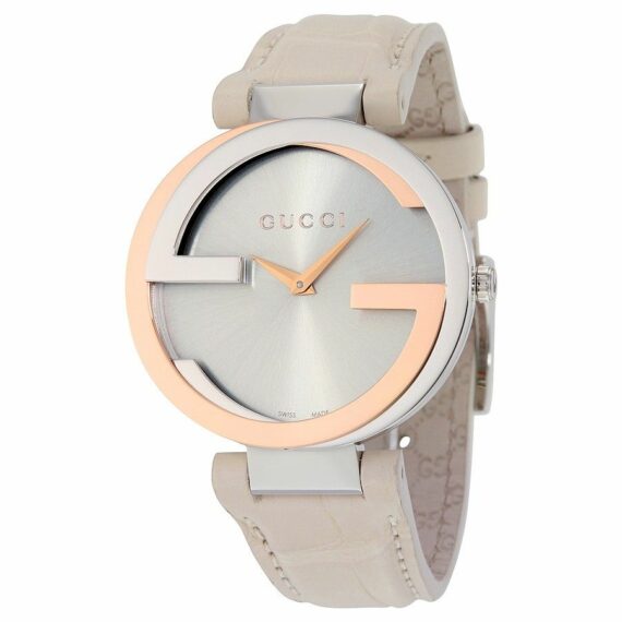Interlocking 18K Rose Gold Silver Dial Cream White Leather Strap YA133303 37mm