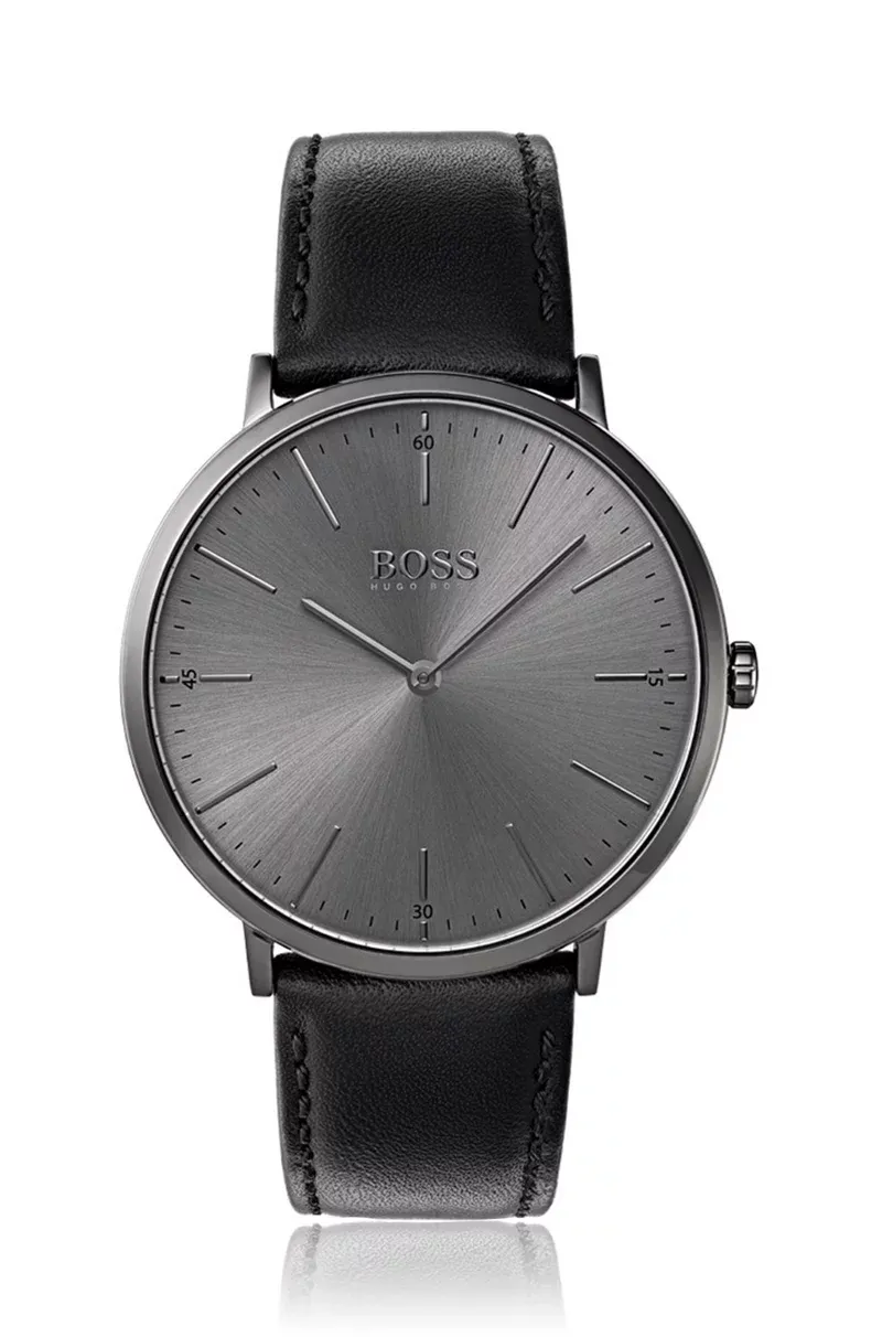 Modern Grey Dial Black Leather Strap Watch 1513540